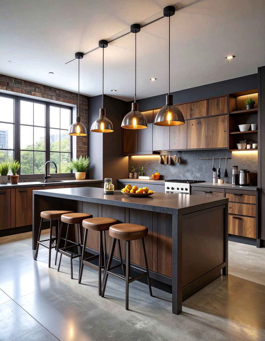 Industrial Brown Cabinets with Black Concrete Countertops - 25 Brown Kitchen Cabinets With Black Countertops