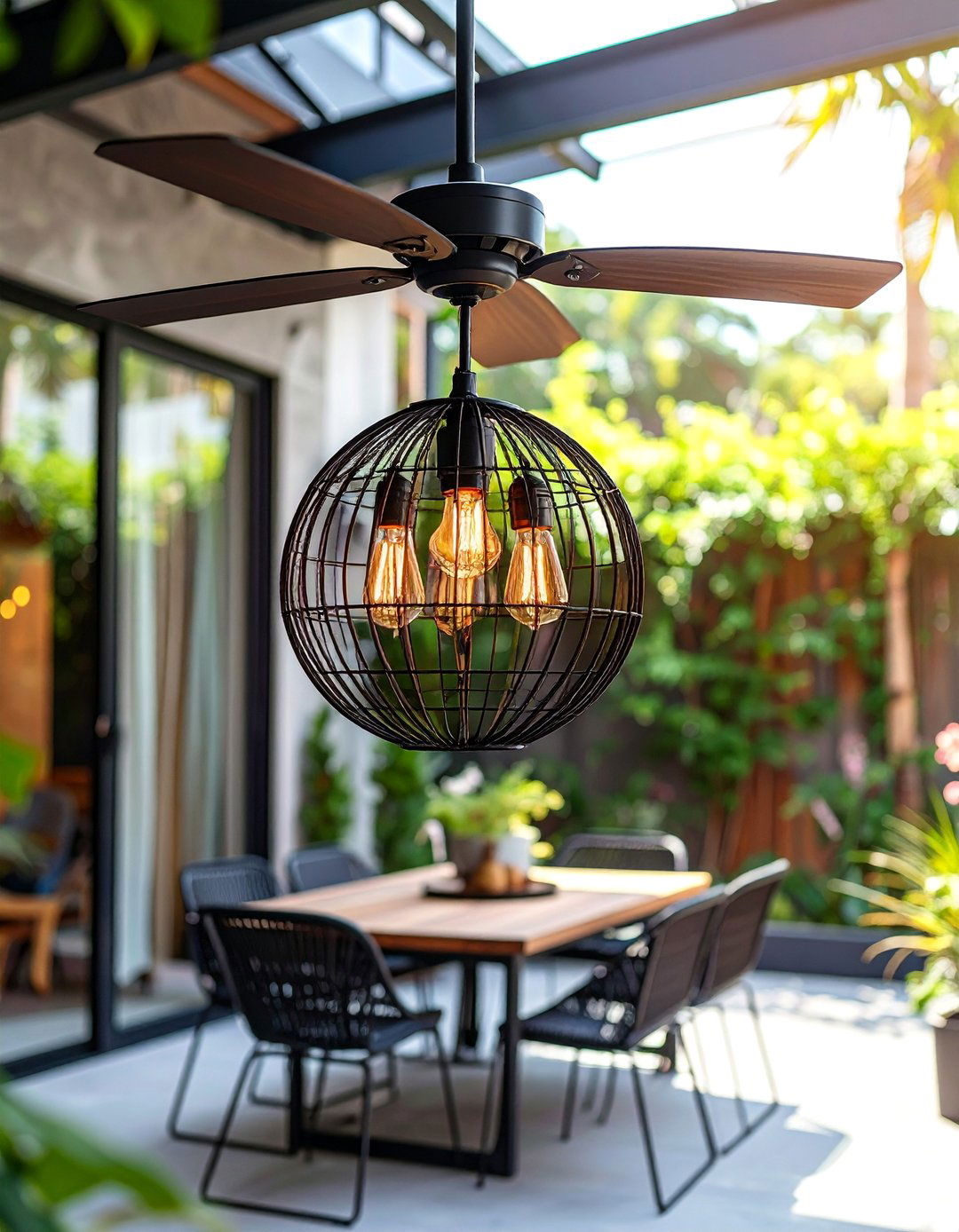 Industrial Cage Patio Fan with Edison Bulbs - 25 Patio Fan Ideas