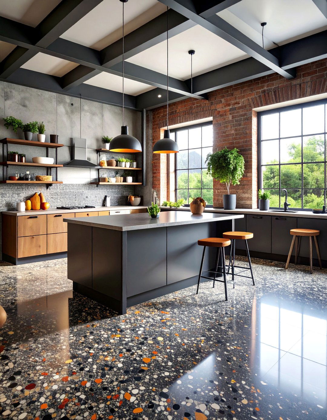 Industrial Charcoal Terrazzo Kitchen Floor with Concrete Accents - 25 Terrazzo Kitchen Floor Ideas