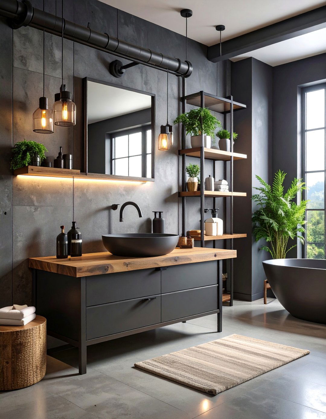 Industrial Charcoal Vanity with Exposed Plumbing - 25 Grey Bathroom Vanity Design Ideas
