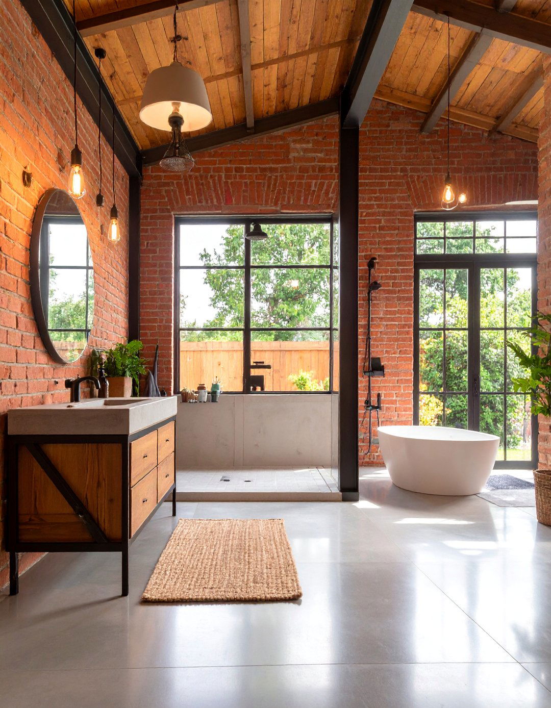 Industrial Chic Barndominium Bathroom with Exposed Brick Walls - 25 Barndominium Bathroom Ideas