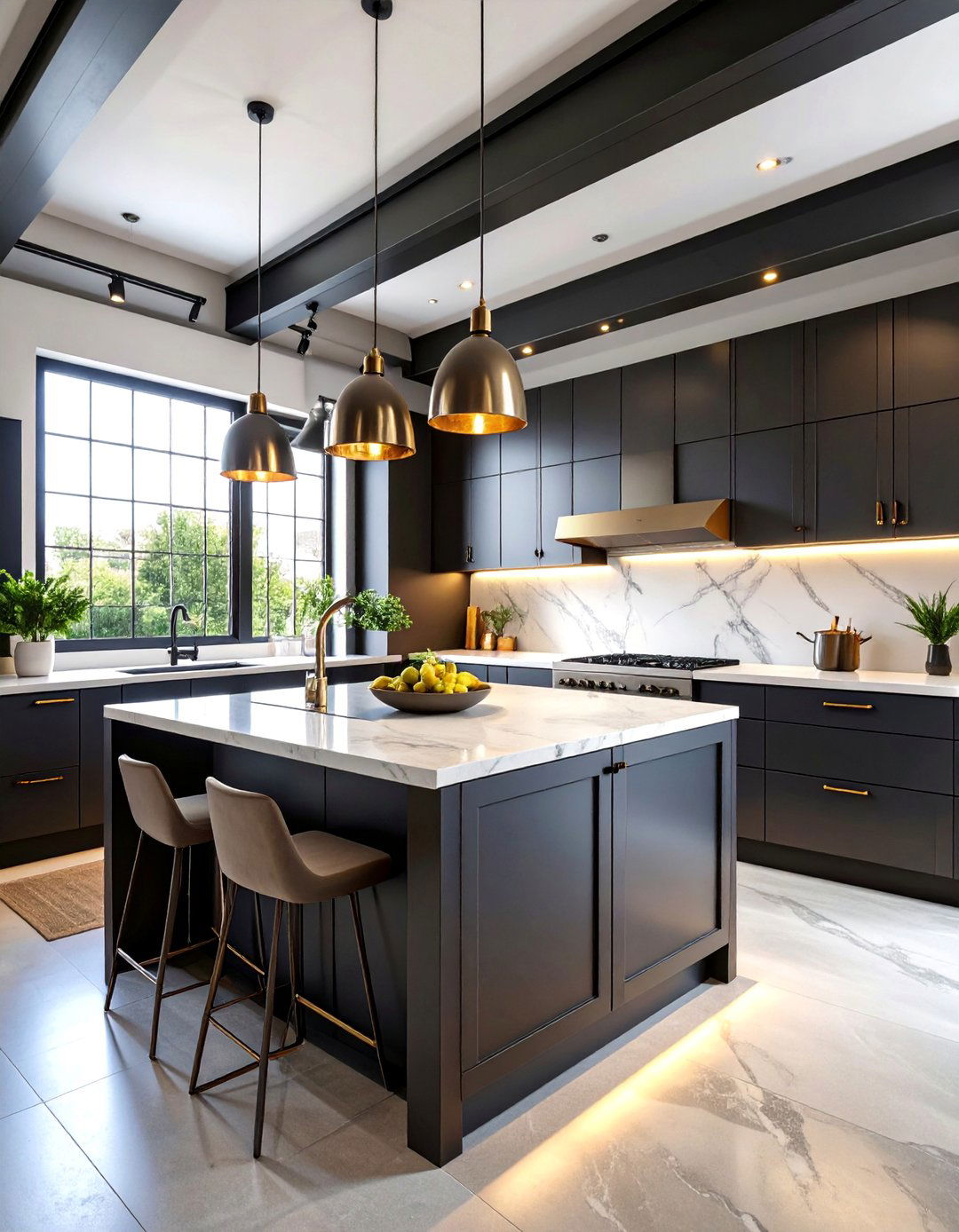 Industrial Chic Black Steel and White Marble Kitchen - 25 black white and gold kitchen ideas