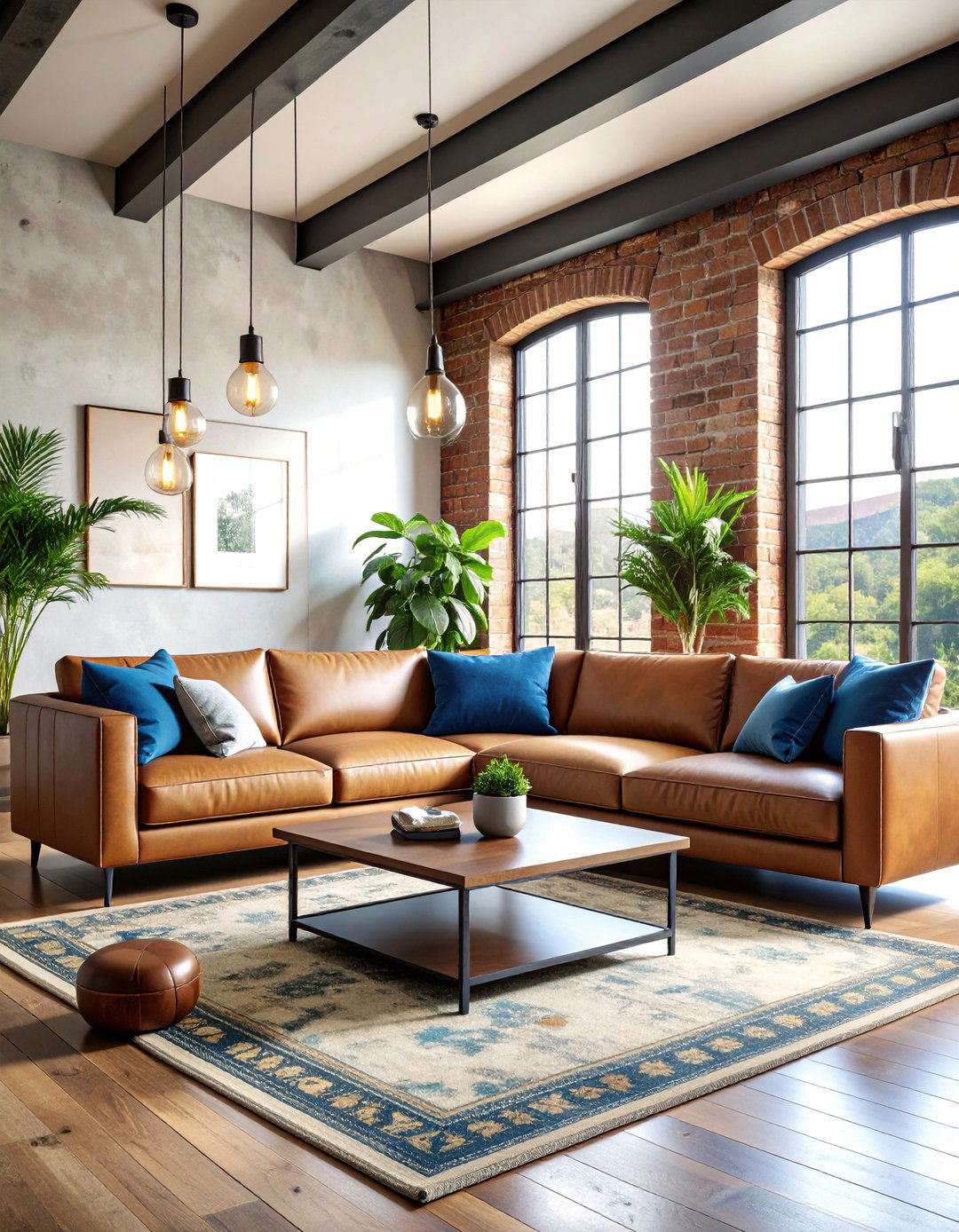 Industrial Chic Blue Steel and Beige Leather Combination - 25 blue and beige living room ideas