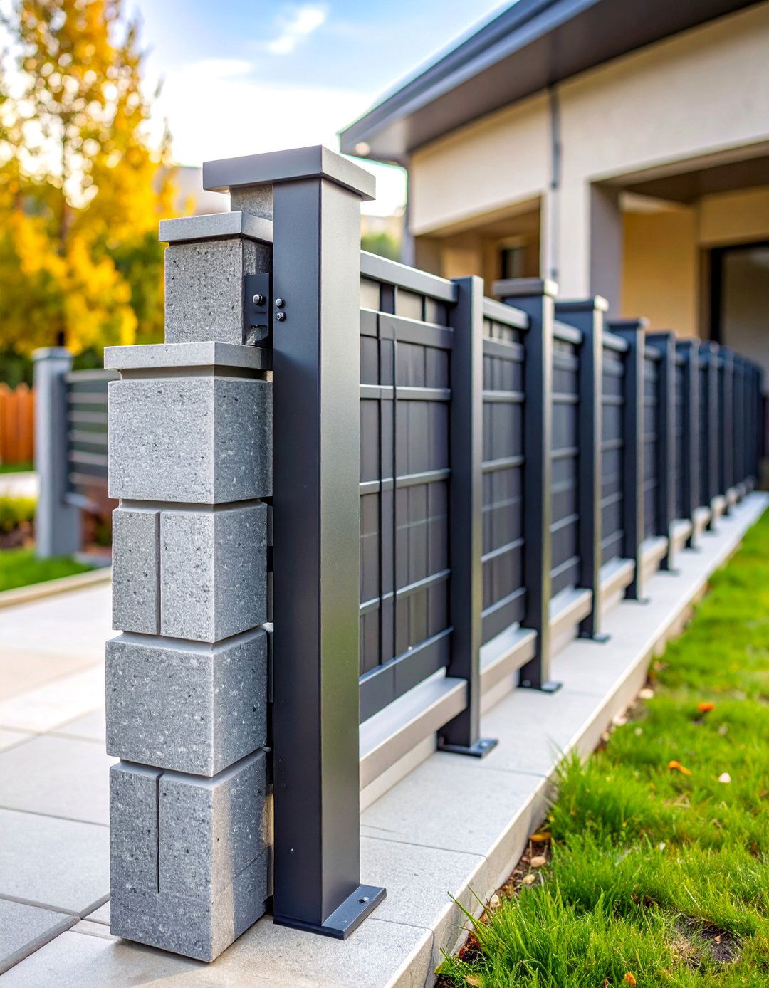 Industrial Chic Concrete Block Fence with Steel Accents - 25 Concrete Block Fence Ideas