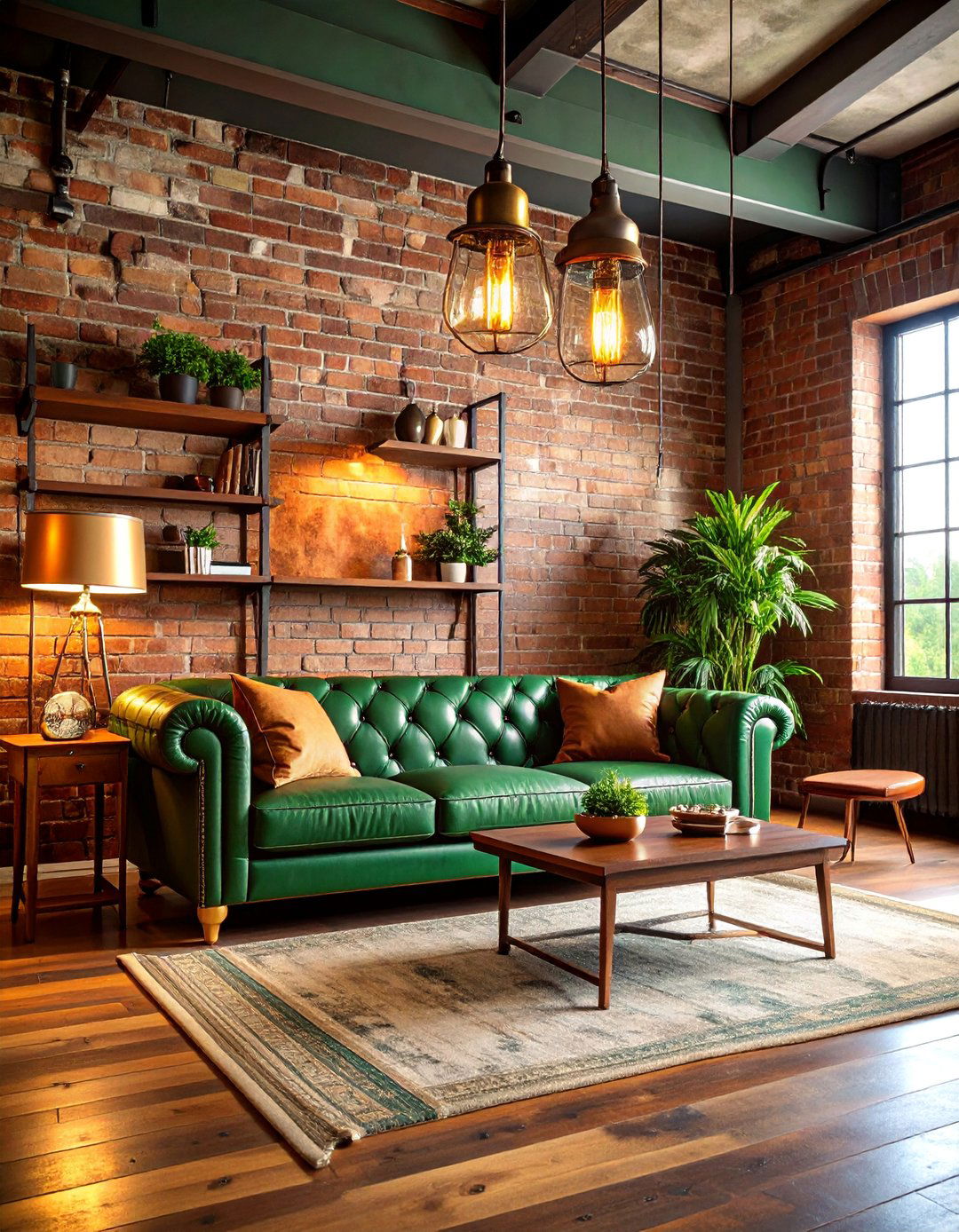 Industrial Chic Emerald and Brass Living Room - 25 Emerald Green and Gold Living Room Ideas