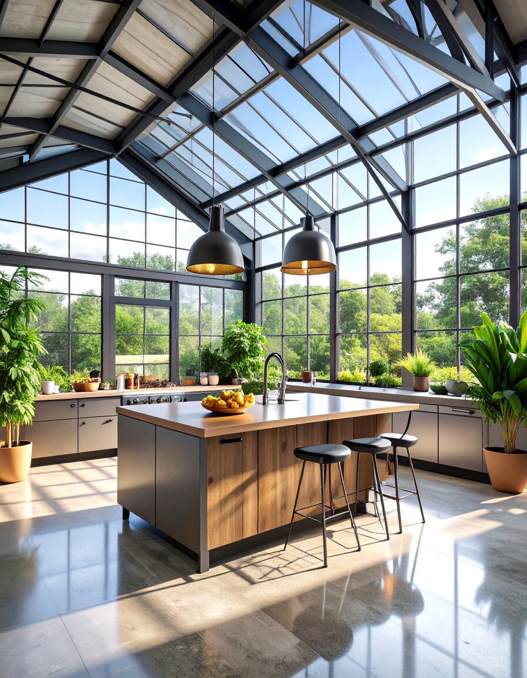 Industrial Chic Greenhouse Kitchen with Steel Framework - 25 Greenhouse Kitchen Design Ideas