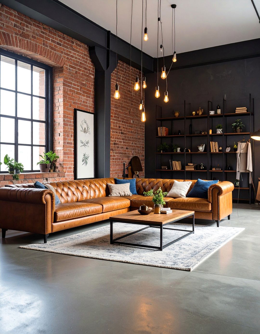 Industrial Chic Living Room with Exposed Brick Walls - 25 Brown Leather Couch Living Room Ideas
