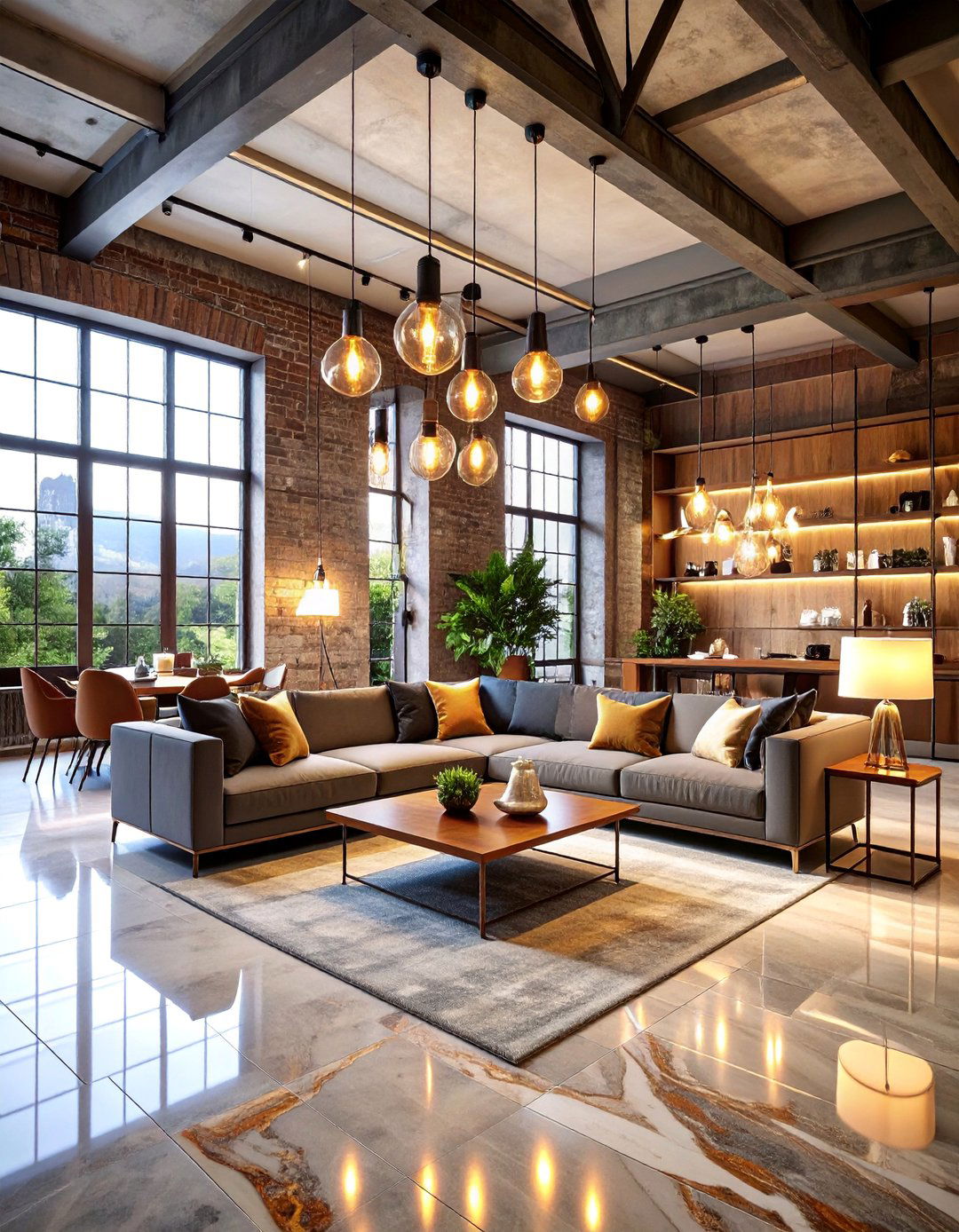 Industrial Chic Marble Floor Living Room with Exposed Concrete Beams - 25 Marble Floor Living Room Ideas