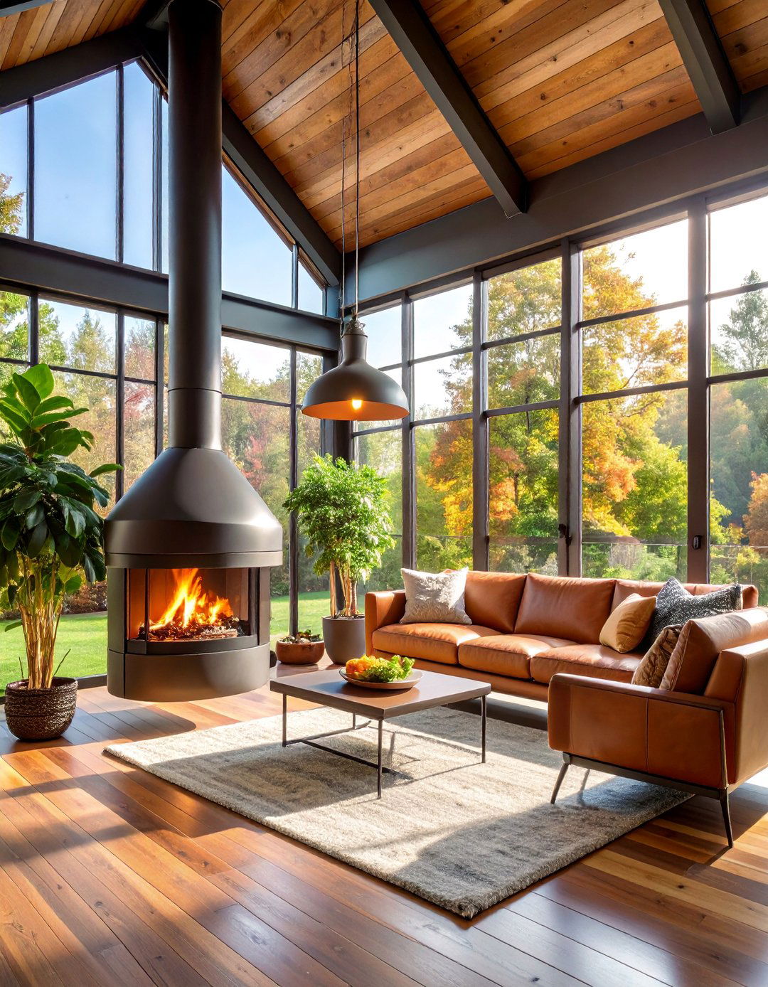 Industrial Chic Metal Fireplace with Exposed Structural Elements - 25 Sunroom With Fireplace Ideas