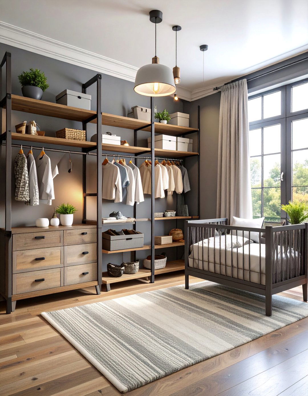 Industrial Chic Nursery Closet with Metal Framework - 25 Nursery Closet Ideas