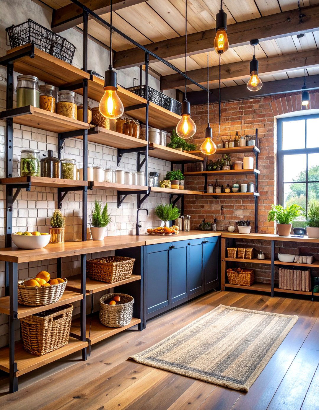 Industrial Chic Open Pantry with Metal Pipe Framework - 25 Open Pantry Ideas