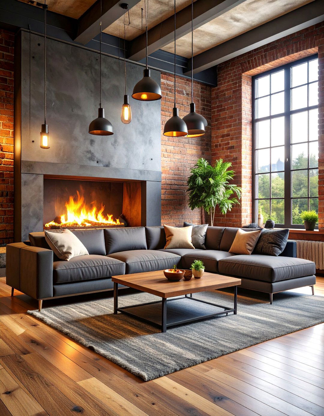 Industrial Chic Sectional with Brick Fireplace - 25 Living Room Ideas With Sectionals and Fireplace