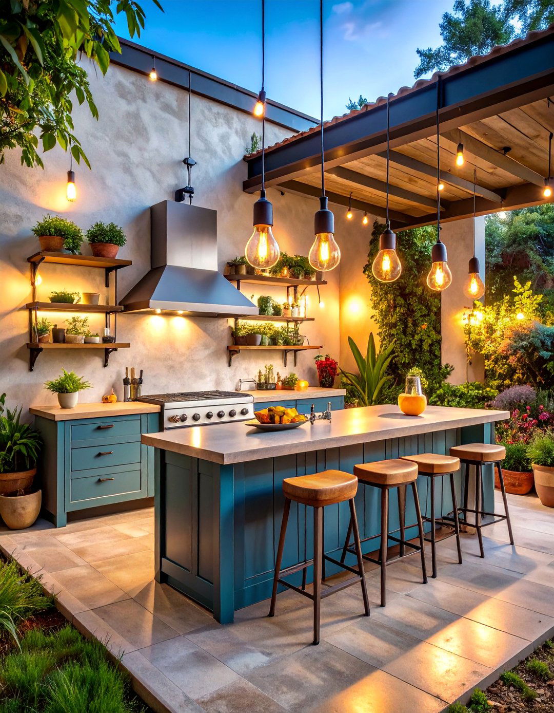 Industrial Chic Stucco Outdoor Kitchen with Metal Countertops - 25 Stucco Outdoor Kitchen Ideas