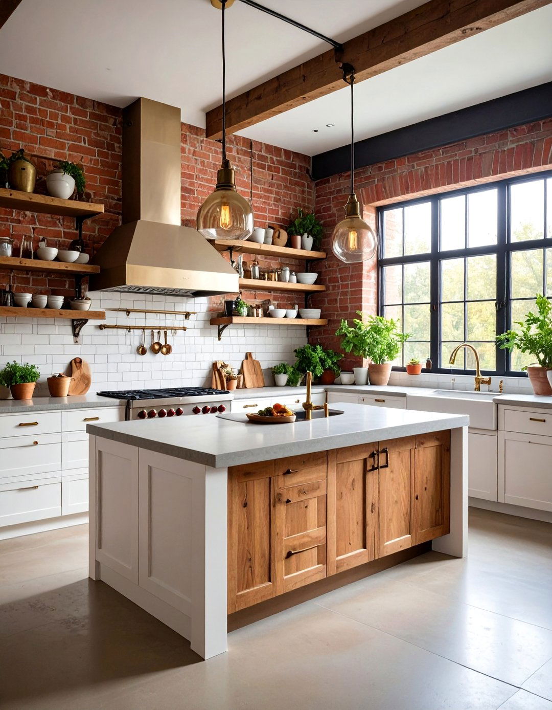 Industrial Chic White Kitchen with Brass Pipe Hardware - 25 White and Gold Kitchen Ideas