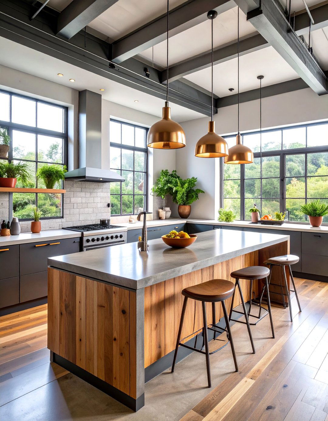 Industrial Concrete Countertops with Metal Accents - 25 Concrete Countertop Ideas