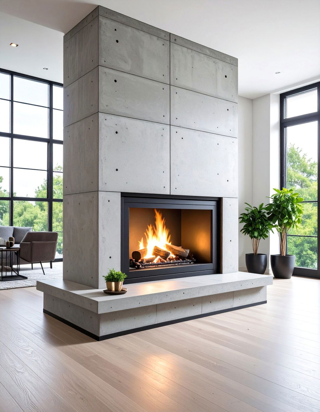 Industrial Concrete Fireplace with Raw Steel Accents - 25 Concrete Fireplace Ideas