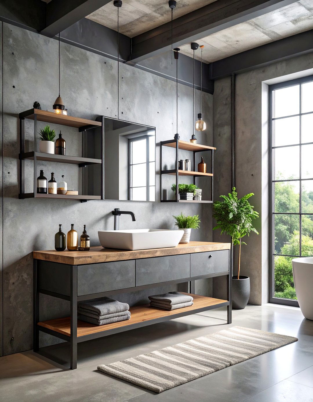 Industrial Concrete Grey Vanity with Metal Framework - 25 Grey Bathroom Vanity Design Ideas