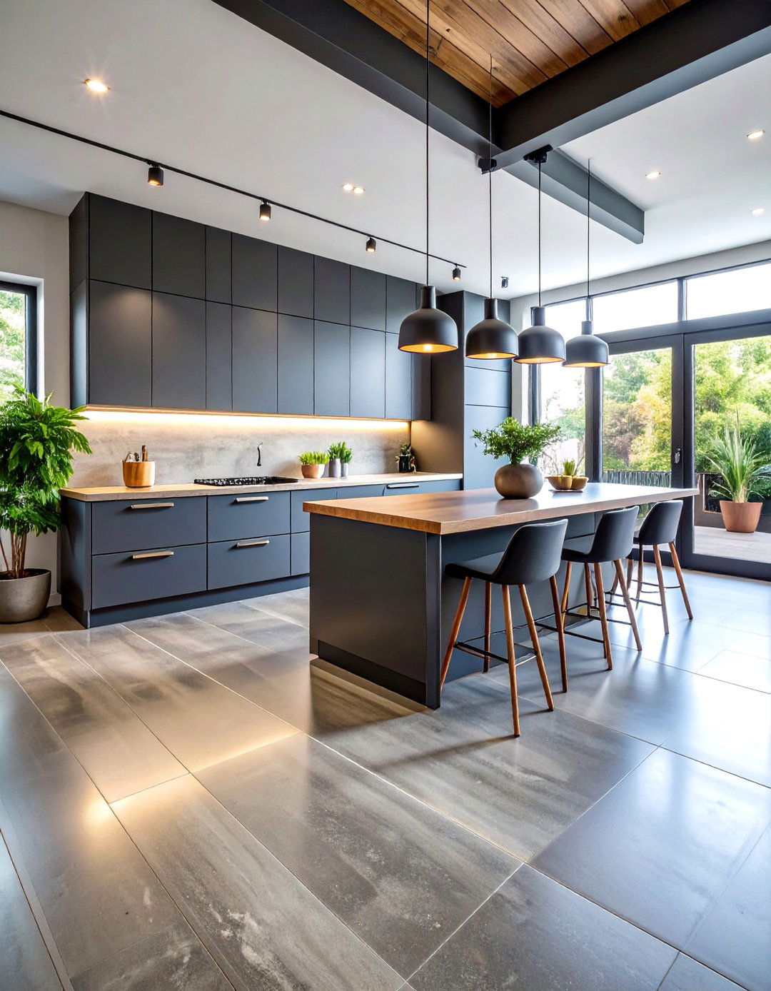 Industrial Concrete Look Kitchen Floor with Metal Accents - 25 Kitchen Floor Ideas