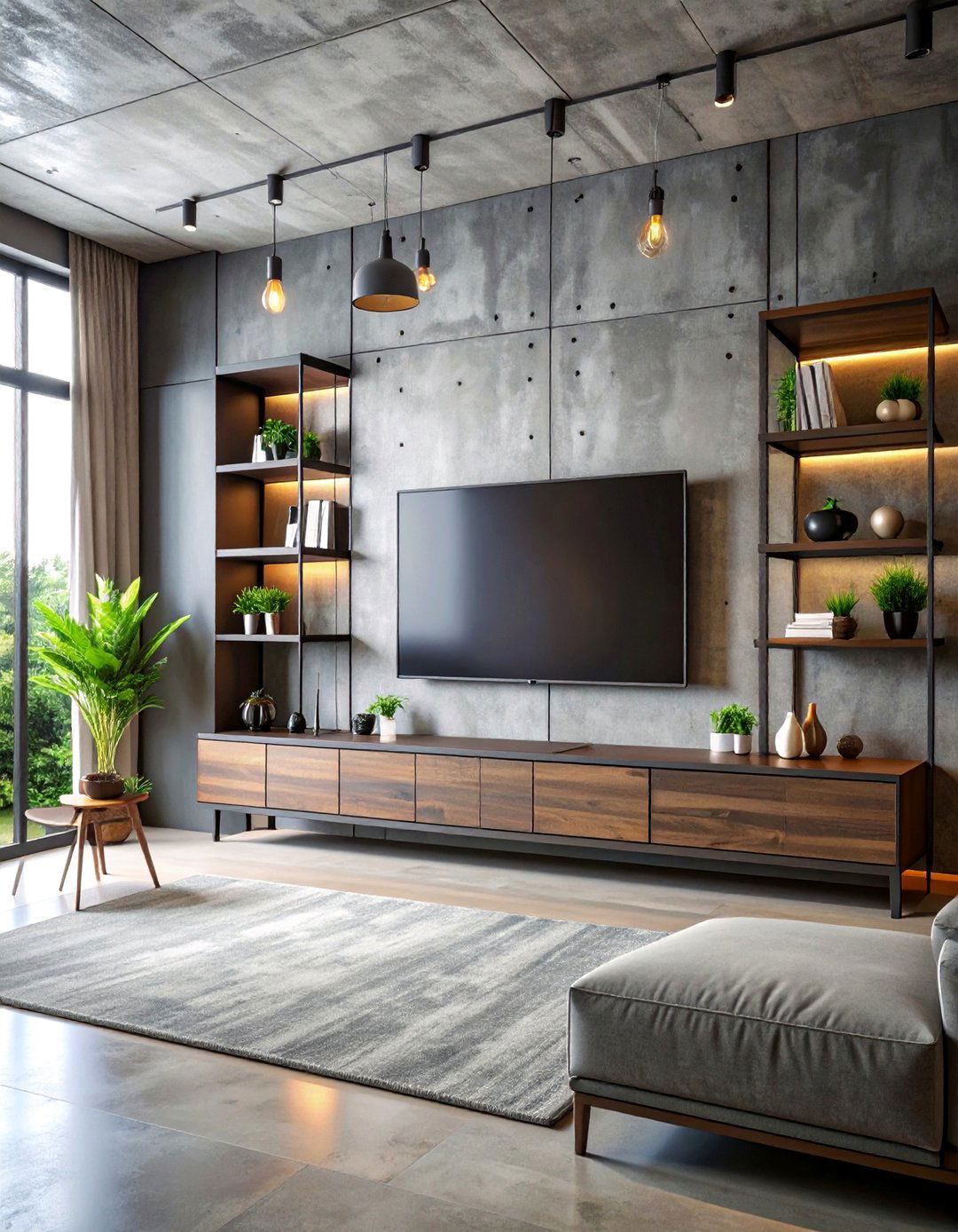 Industrial Concrete Media Wall with Metal Accents - 25 Media Wall Ideas