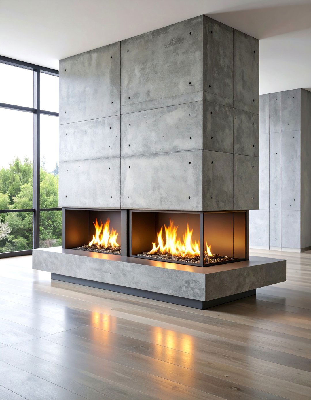 Industrial Concrete Three Sided Fireplace with Exposed Metal Elements - 25 3 Sided Fireplace Ideas