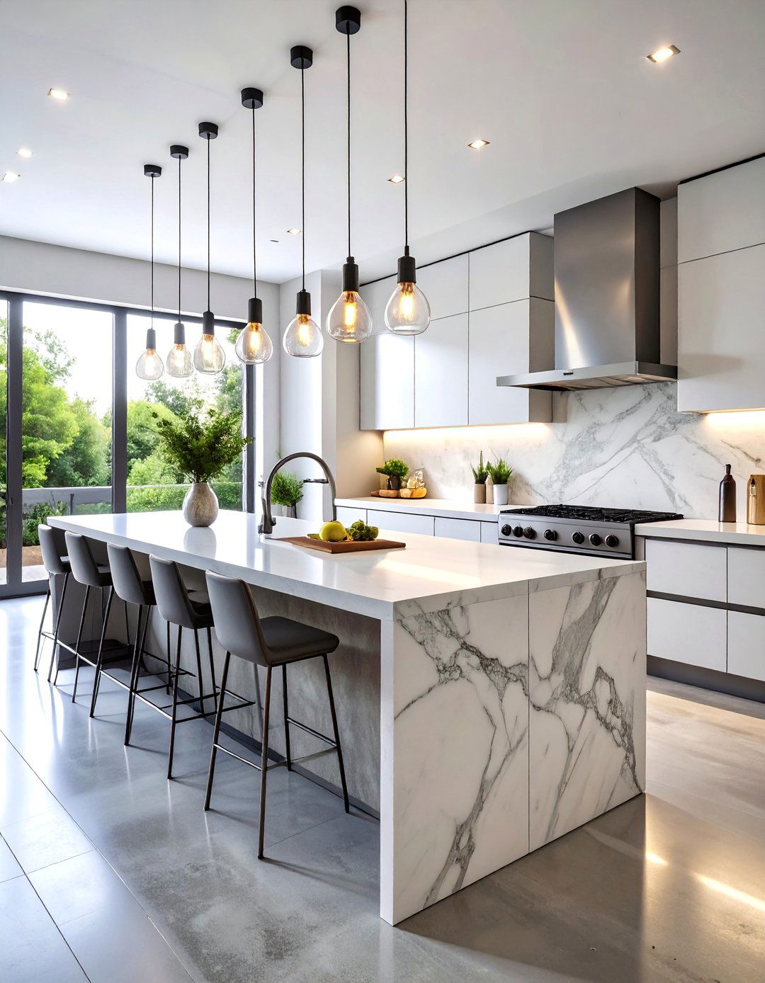 Industrial Concrete and Marble Combination - 25 Marble Kitchen Island Ideas