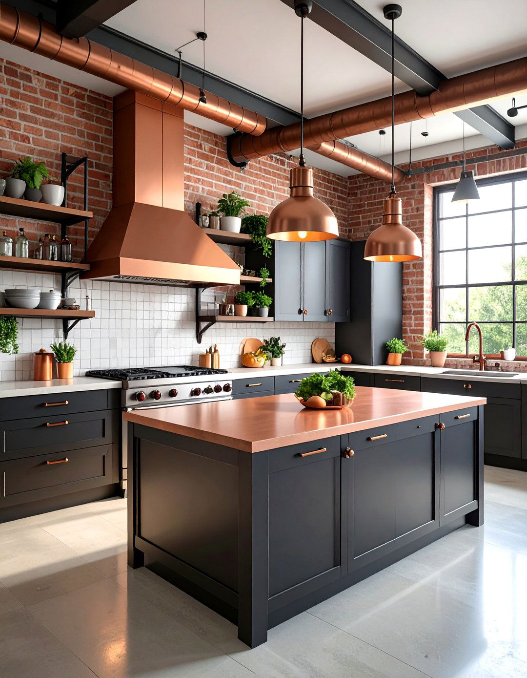 Industrial Copper Countertop Kitchen with Matte Black Cabinets - 25 black and copper kitchen ideas