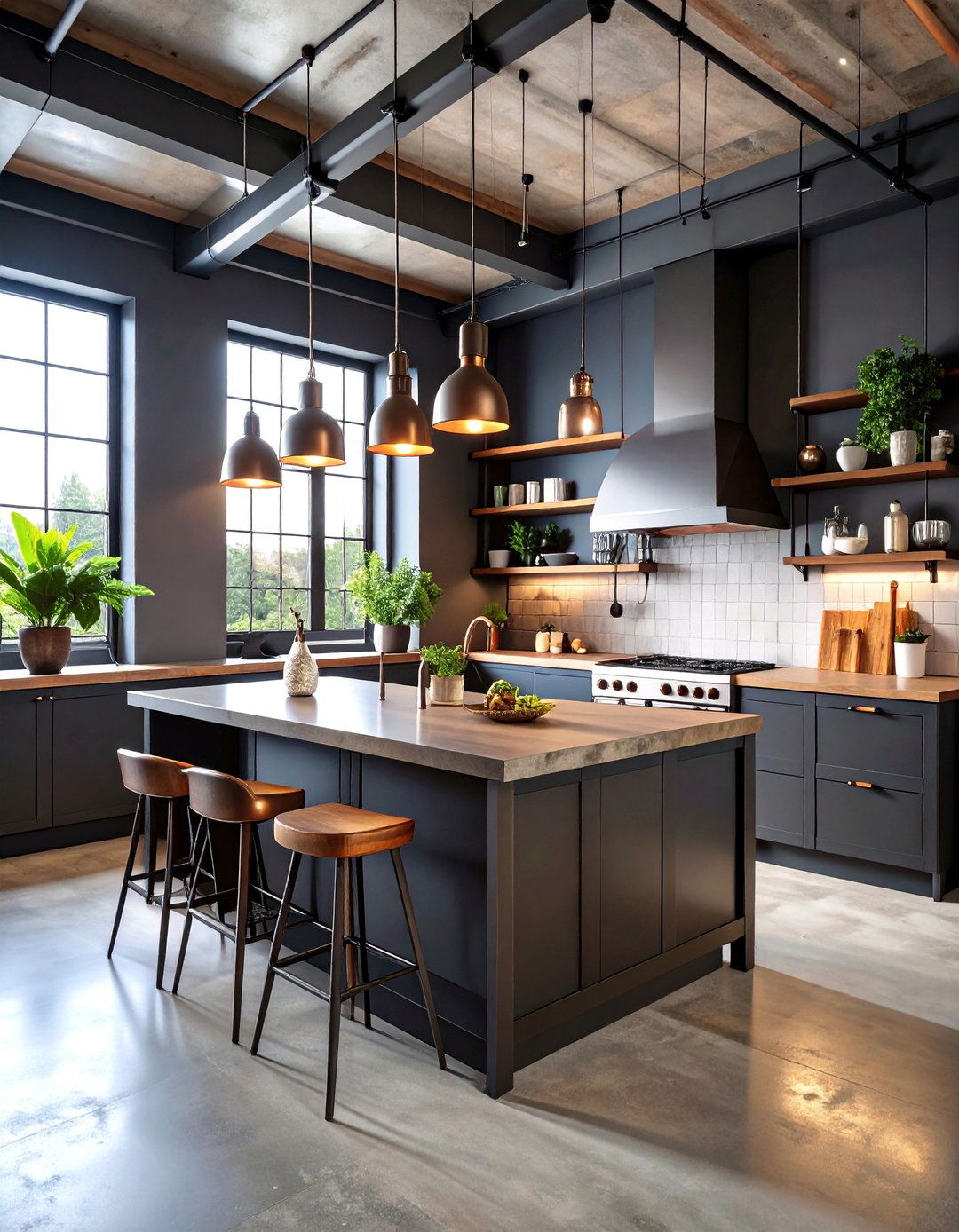 Industrial Copper Pipe Shelving with Black Metal Cabinets - 25 black and copper kitchen ideas
