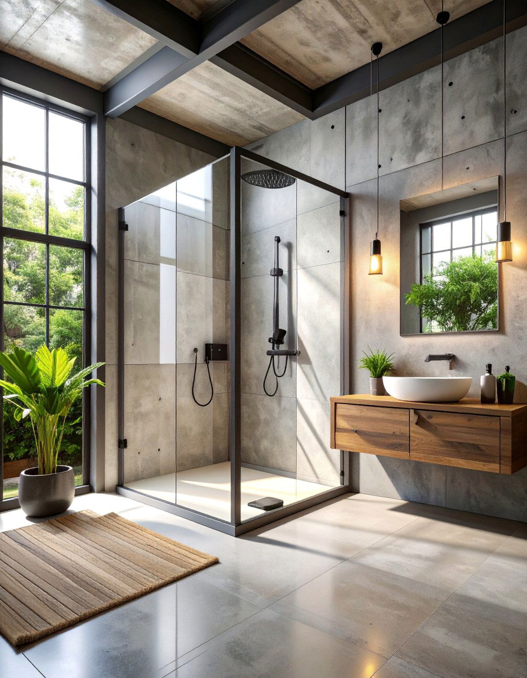 Industrial Corner Shower with Exposed Concrete and Steel - 25 Corner Shower Ideas