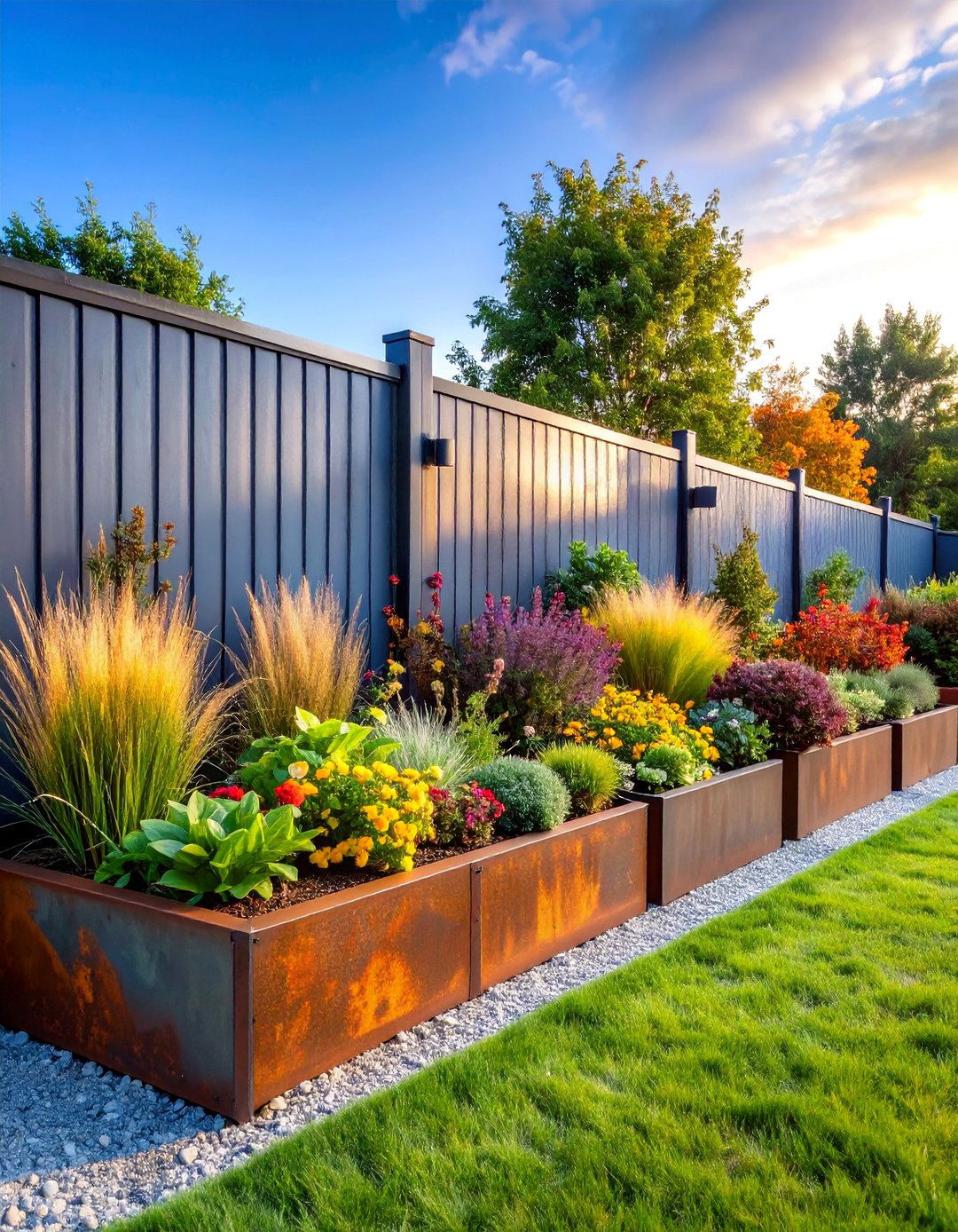 Industrial Corten Steel Design with Contemporary Plants - 25 Raised Garden Bed Along Fence Ideas