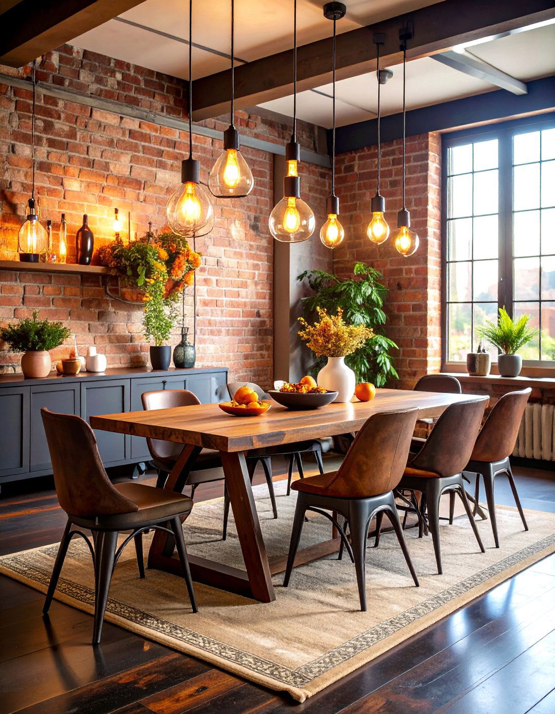 Industrial Dark Wood Floor Dining Room with Metal and Brick Elements - 25 dark wood floor dining room ideas