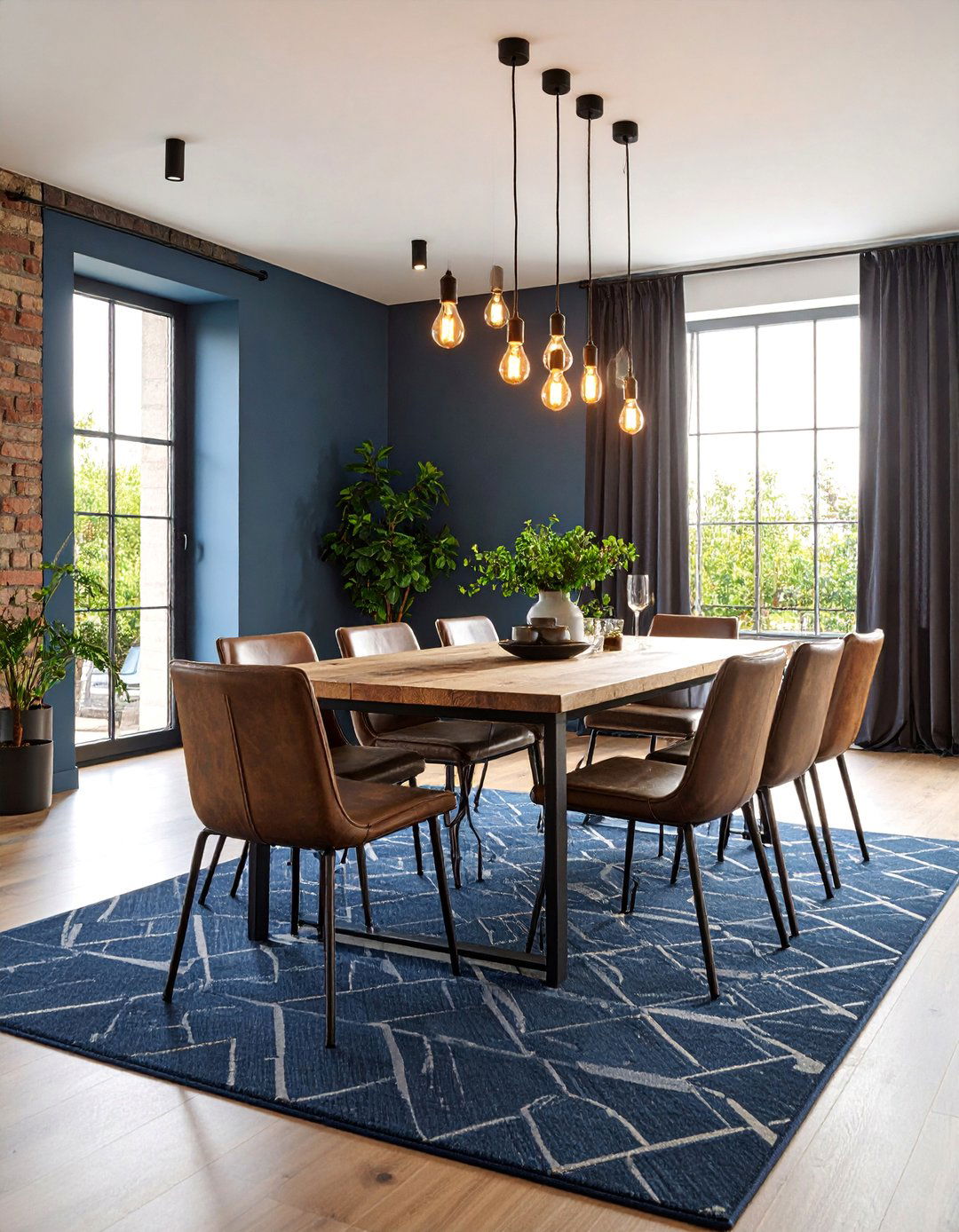 Industrial Dining Room with Dark Geometric Carpet - 25 Carpeted Dining Room Ideas