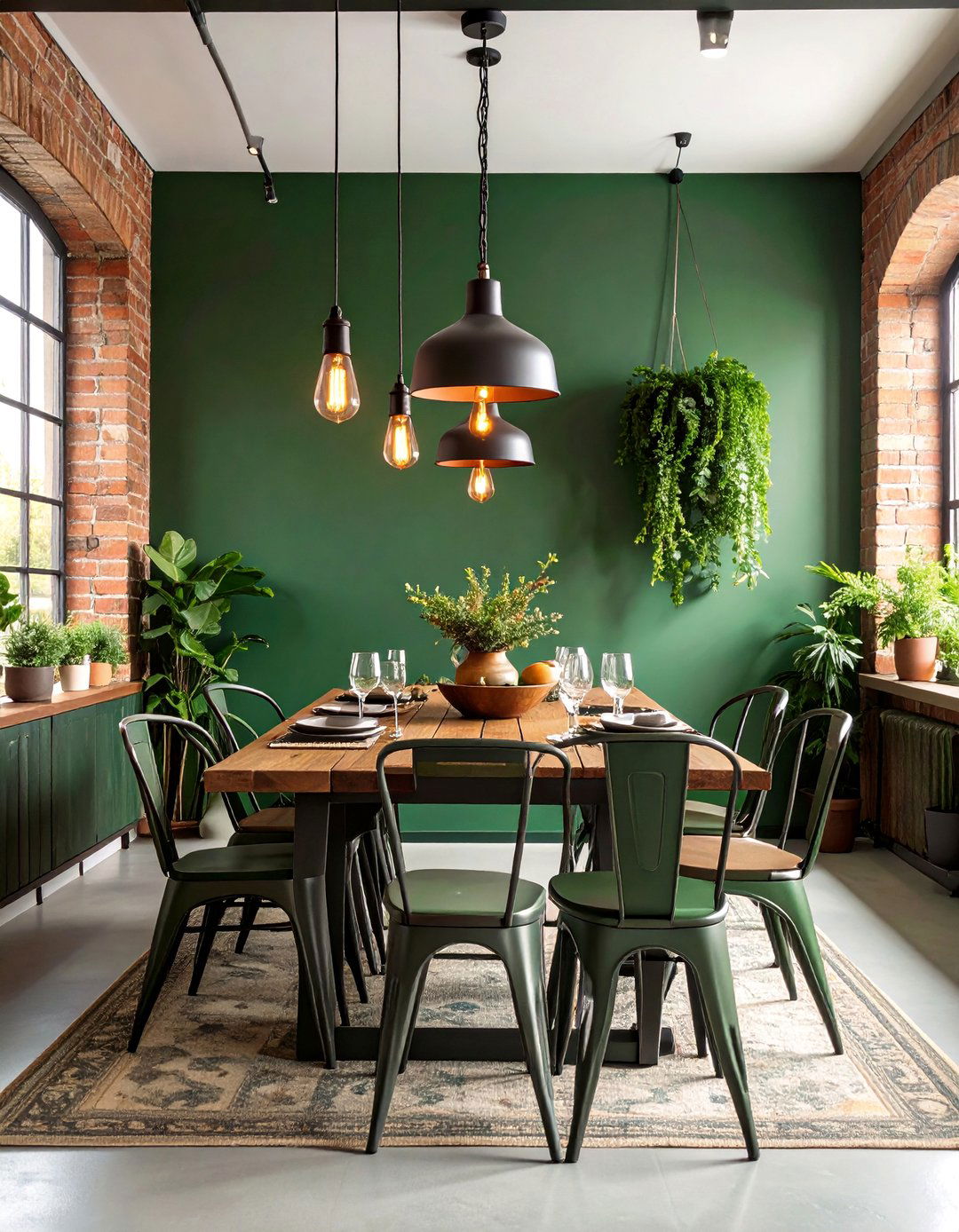 Industrial Dining Room with Dark Olive Green Accent - 25 Olive Green Accent Wall Ideas