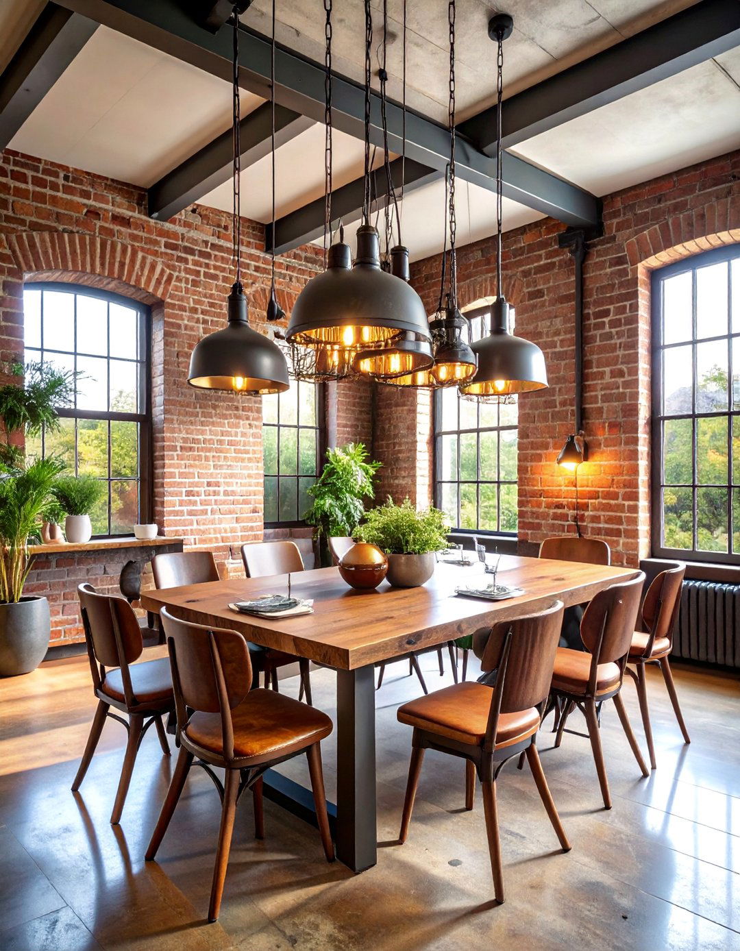 Industrial Dining Room with Exposed Brick and Metal Chandelier - 25 Industrial Decor Ideas