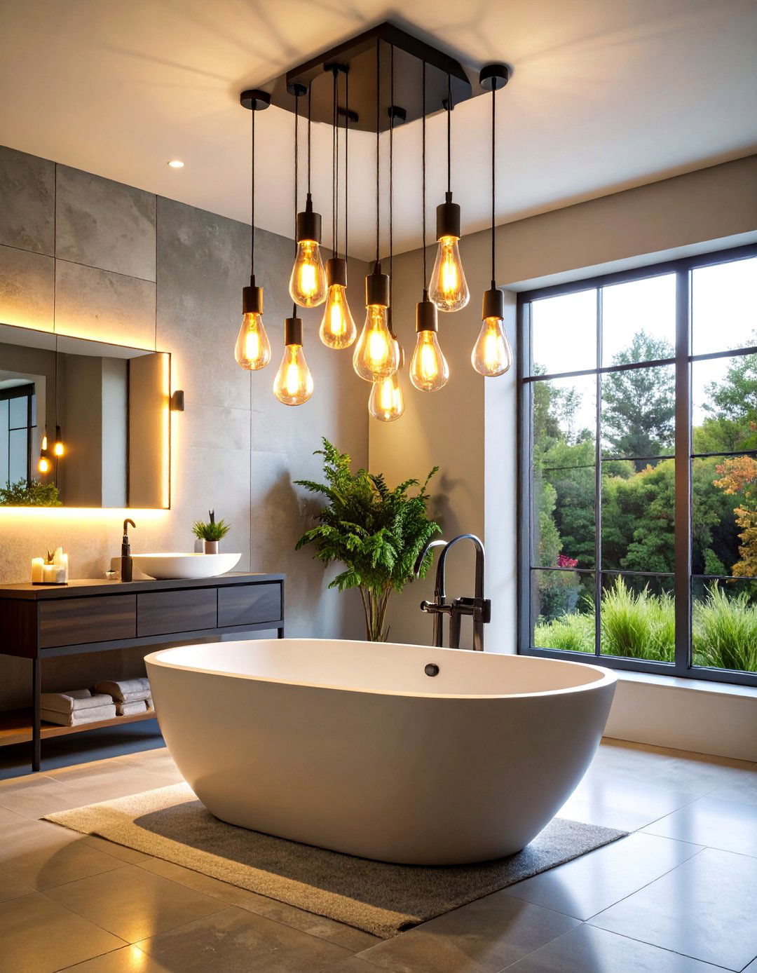 Industrial Exposed Bulb Chandelier Statement - 25 Bathroom Lighting Ideas