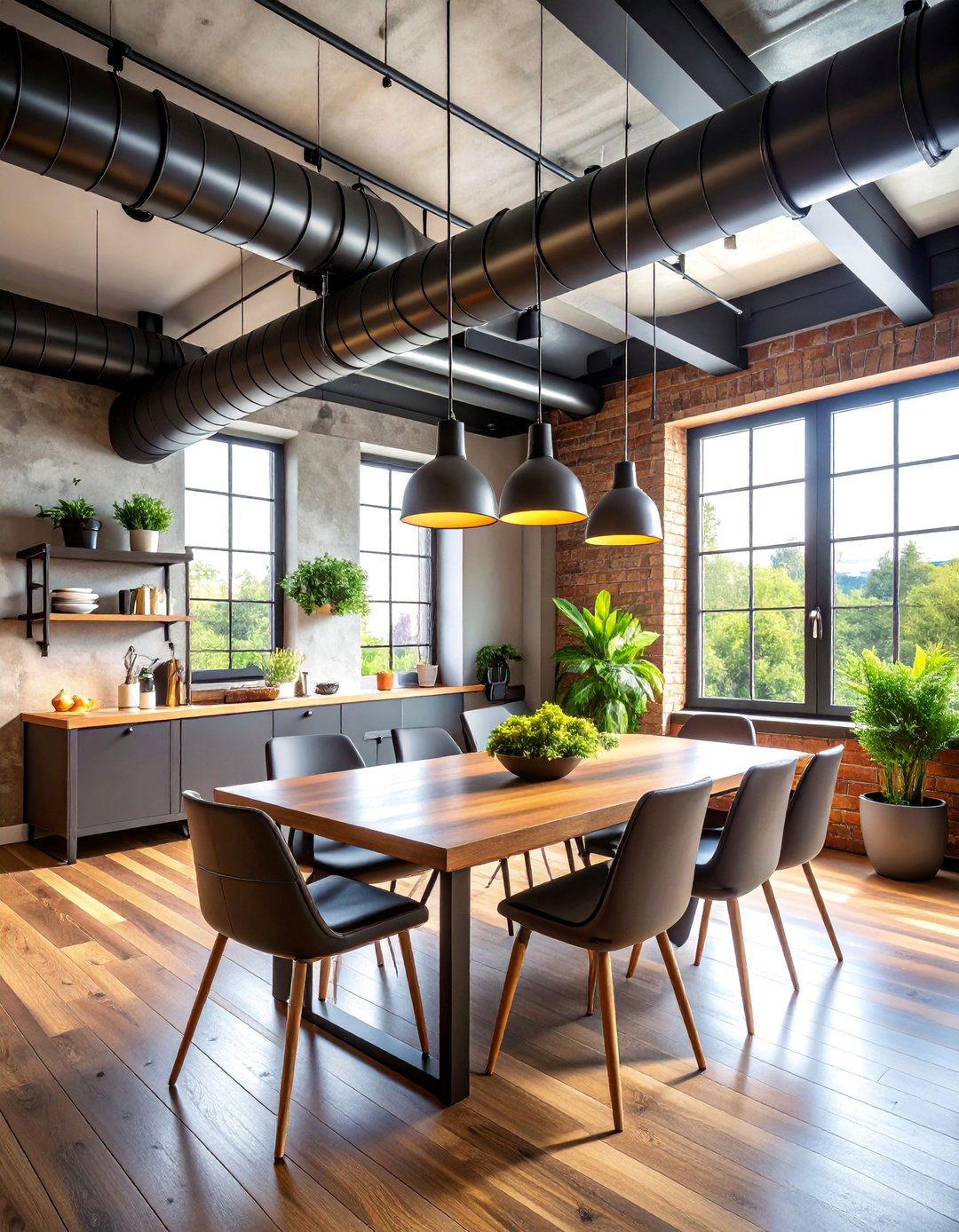 Industrial Exposed Ductwork with Black Metal Framework - 25 Dining Room Ceiling Ideas