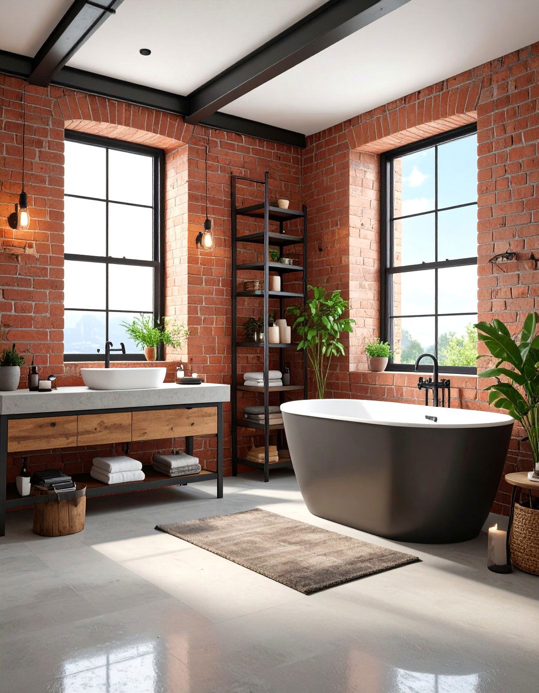 Industrial Family Bathroom with Exposed Brick and Metal Fixtures - 25 Family Bathroom Ideas