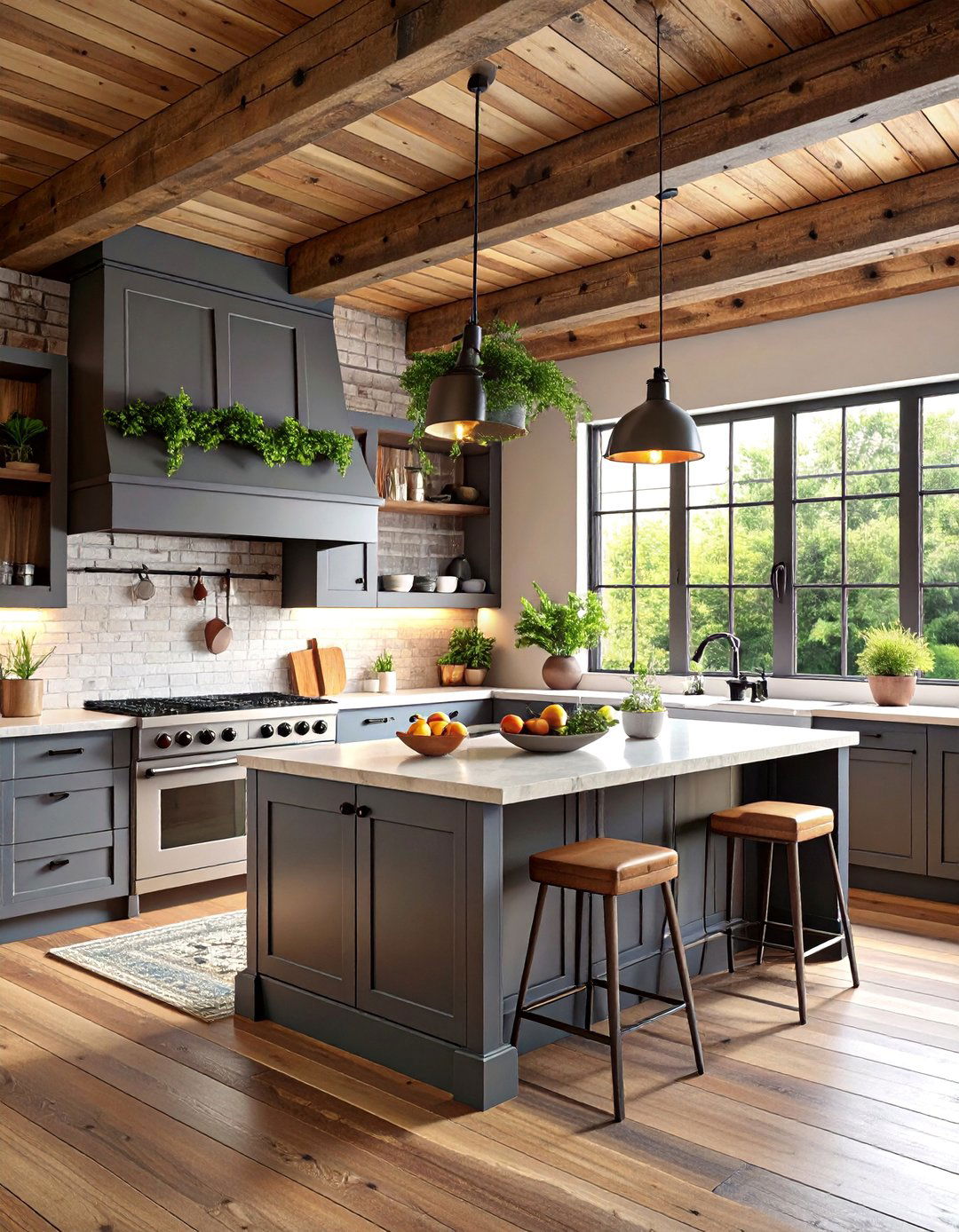 Industrial Farmhouse Kitchen with Grey Steel and White Marble - 25 Grey and White Kitchen Designs