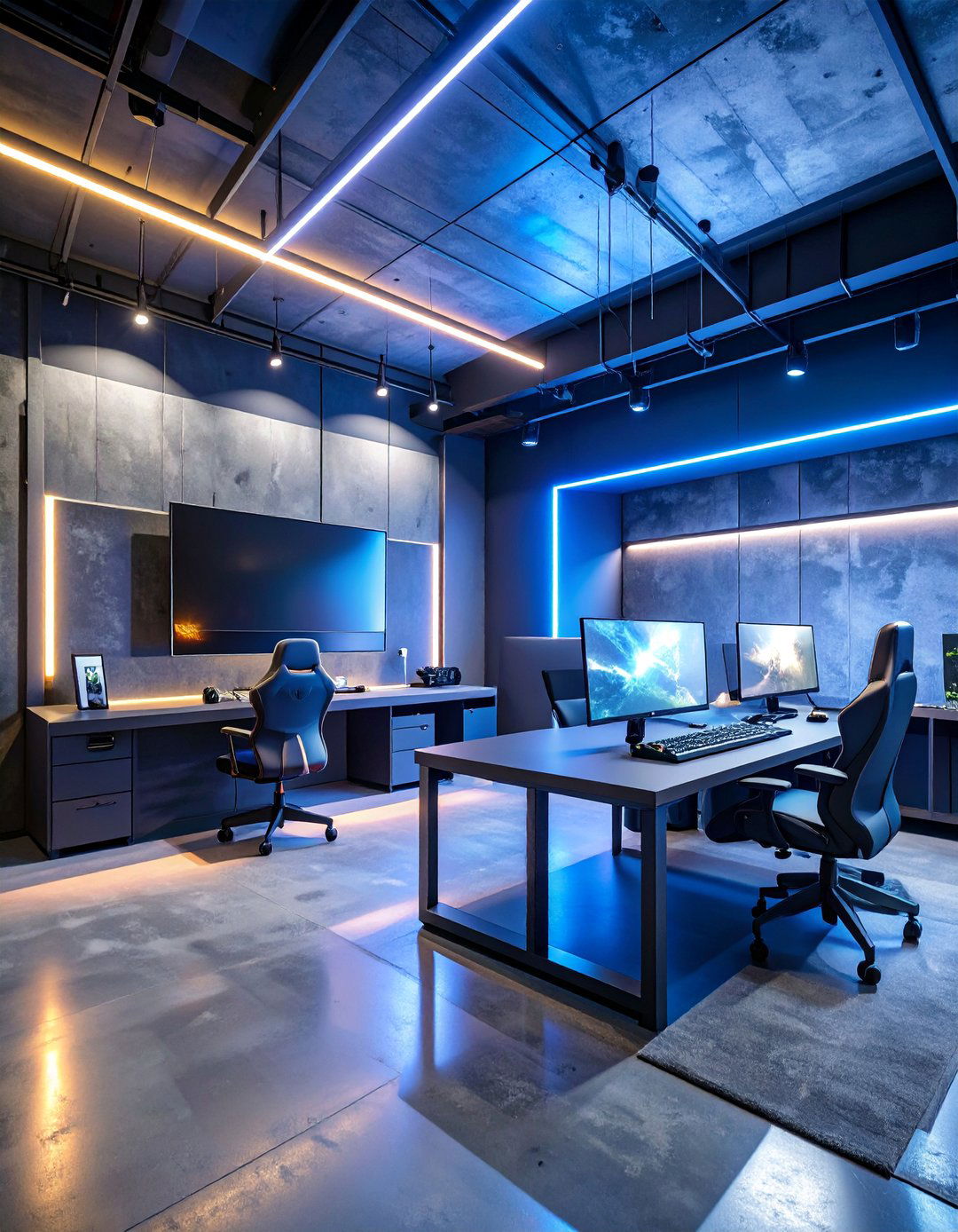Industrial Gray Concrete Gaming Loft - 25 Game Room Paint Ideas