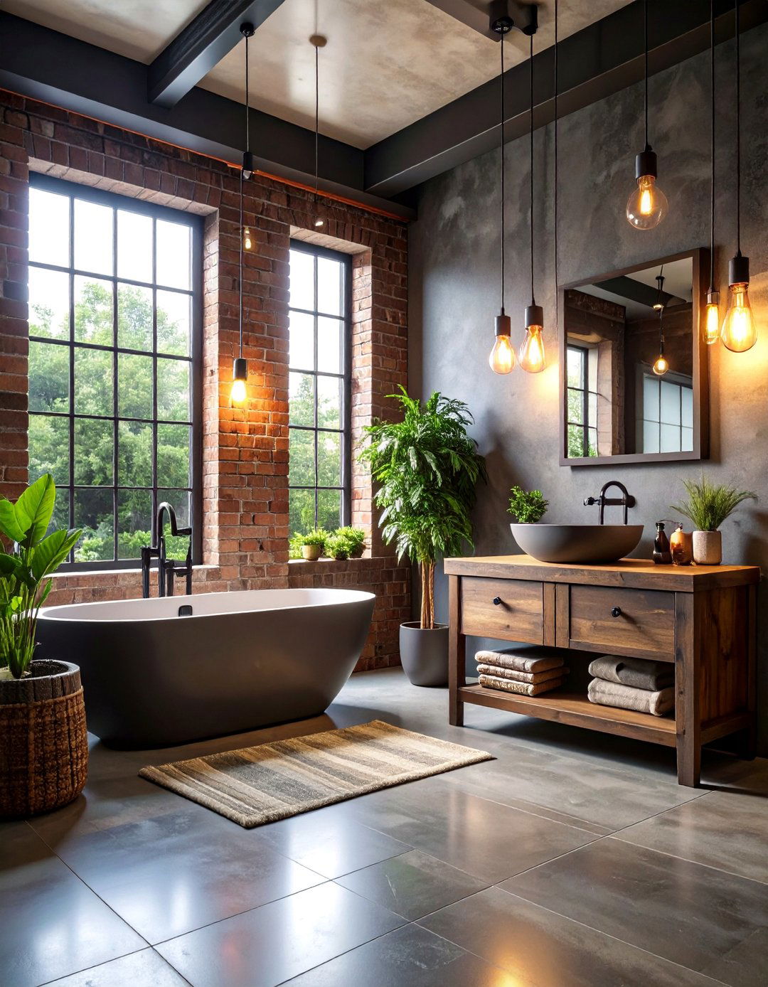 Industrial Gray Floor Bathroom with Exposed Brick Walls - 25 Gray Floor Bathroom Ideas