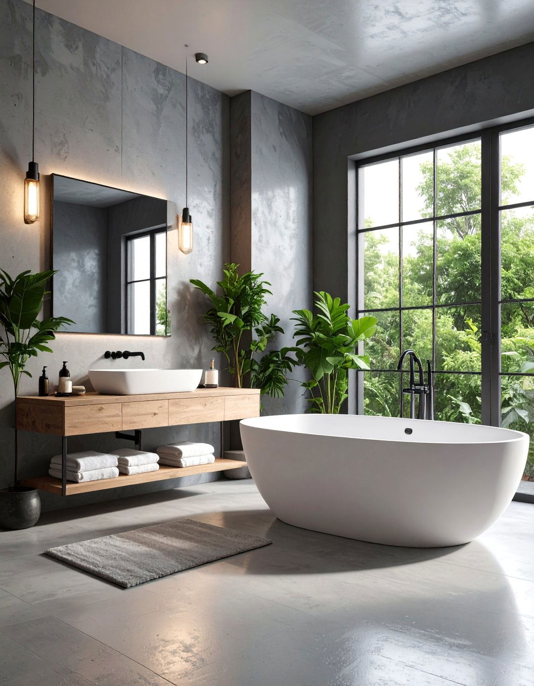 Industrial Grey Concrete and White Accent Bathroom - 25 Grey and White Bathroom Ideas