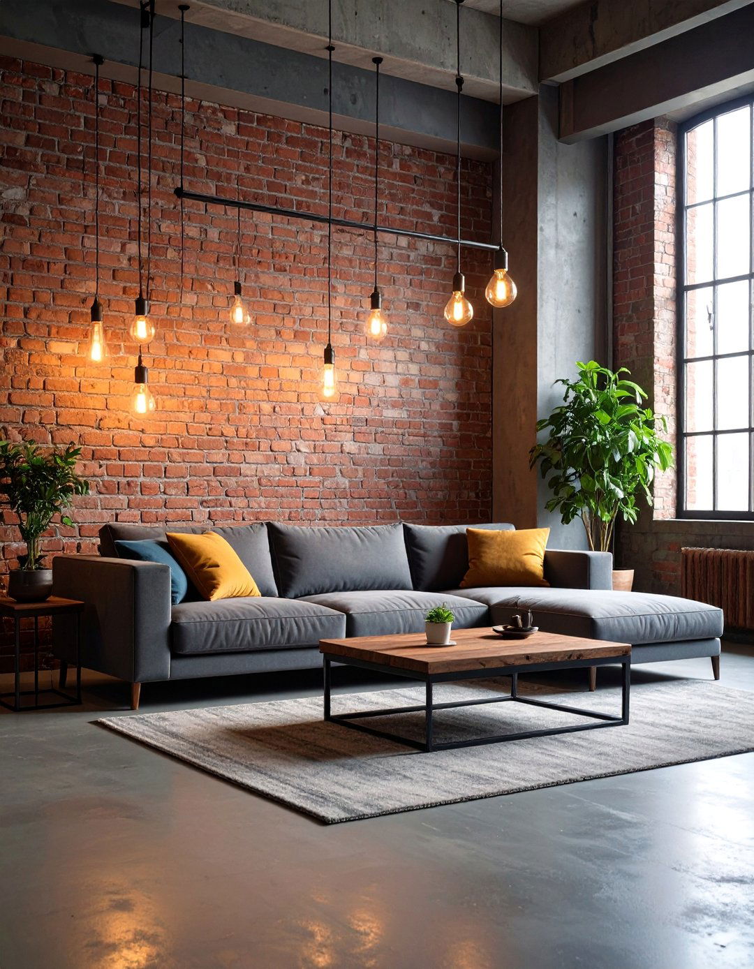 Industrial Grey Sofa Room with Metal and Brick Elements - 25 Grey Couch Living Room Ideas