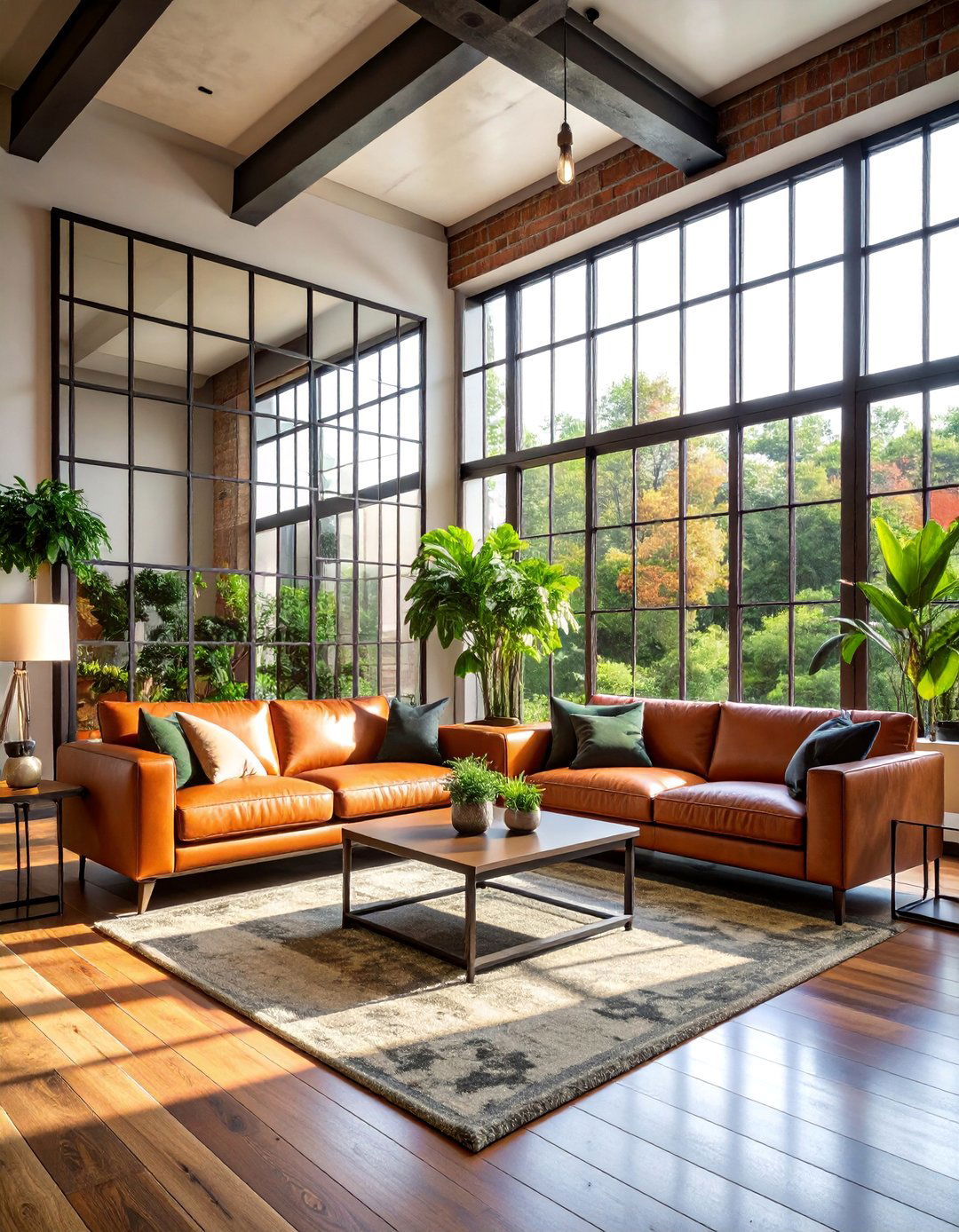 Industrial Grid Mirror Feature Wall Installation - 25 Living Room Mirror Ideas