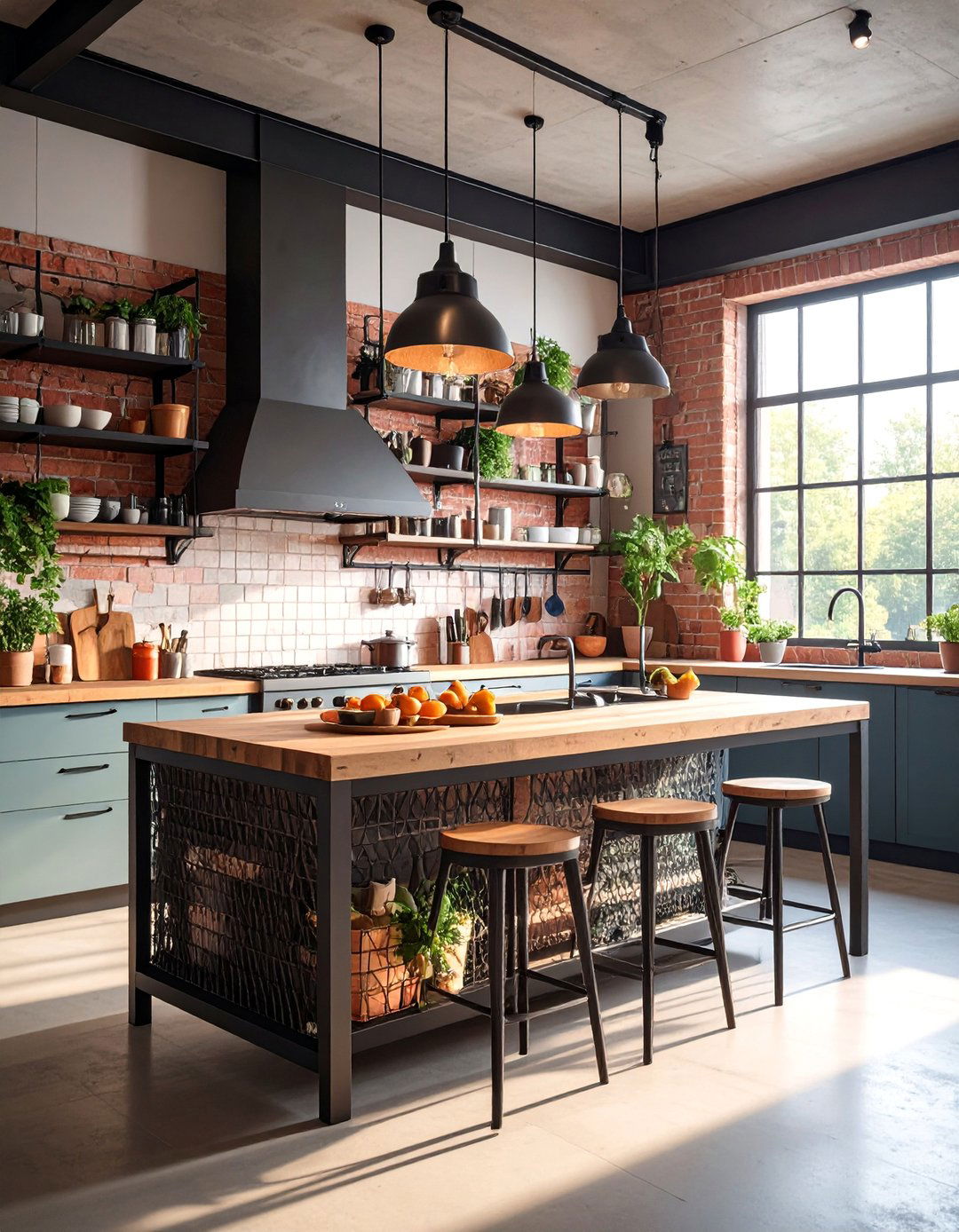 Industrial Island with Exposed Metal Grid Storage - 25 Kitchen Island Storage Ideas