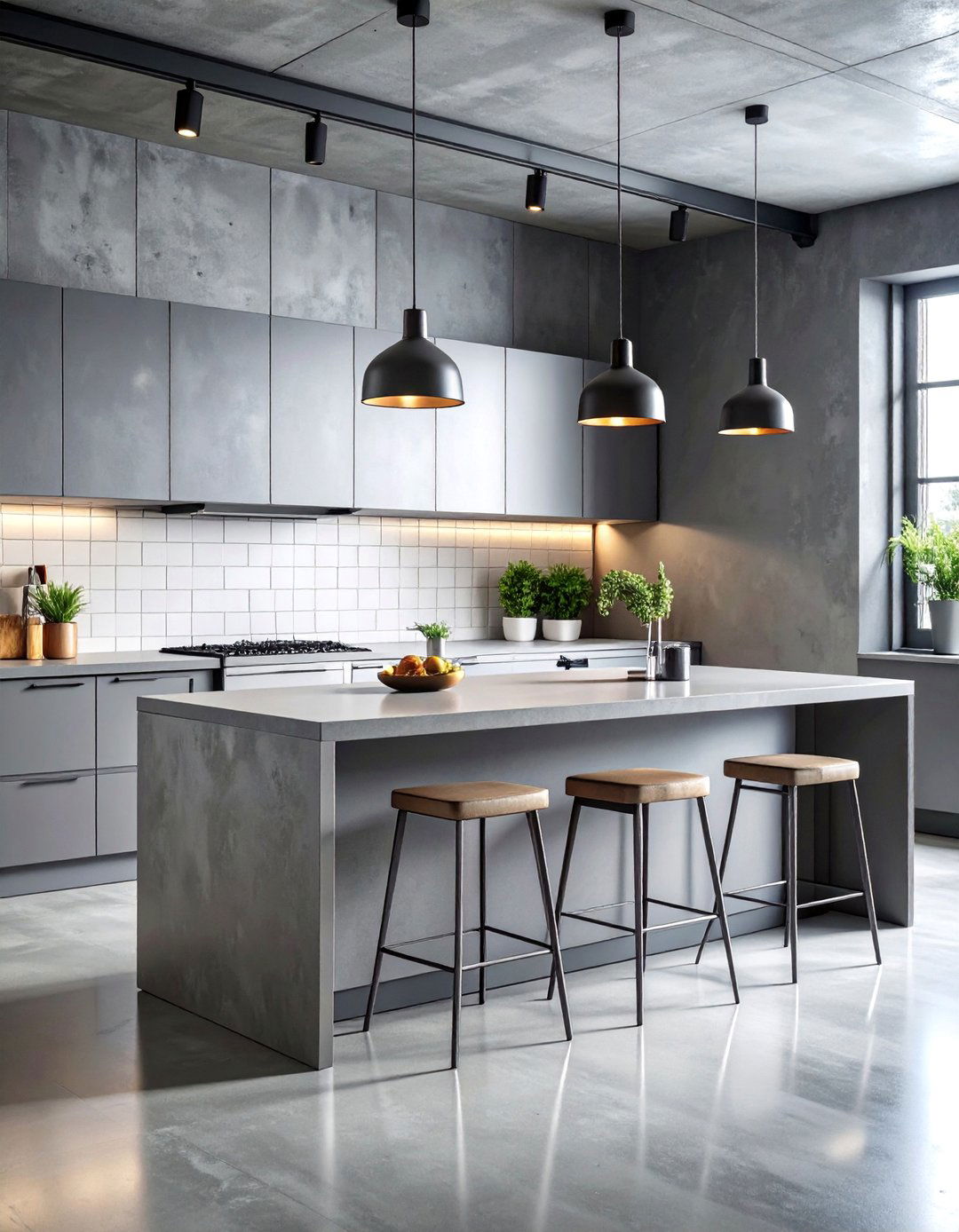 Industrial Kitchen with Concrete Grey and Crisp White Elements - 25 Grey and White House Interior Design Ideas