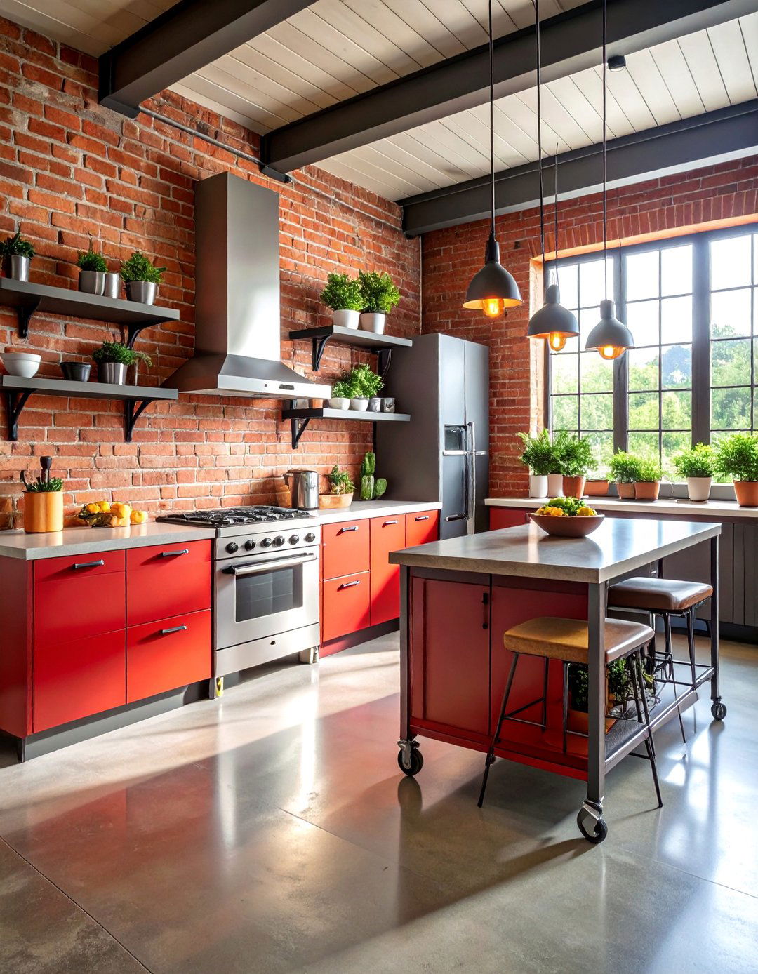 Industrial Kitchen with Exposed Brick Wall - 25 One Wall Kitchen Ideas