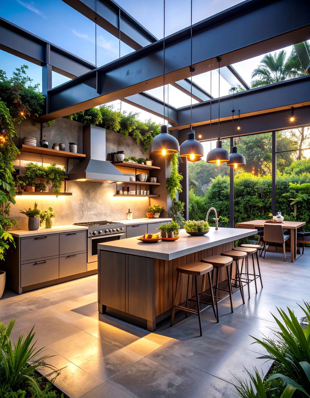 Industrial Lanai Kitchen with Exposed Steel Beams - 25 Lanai Kitchen Ideas