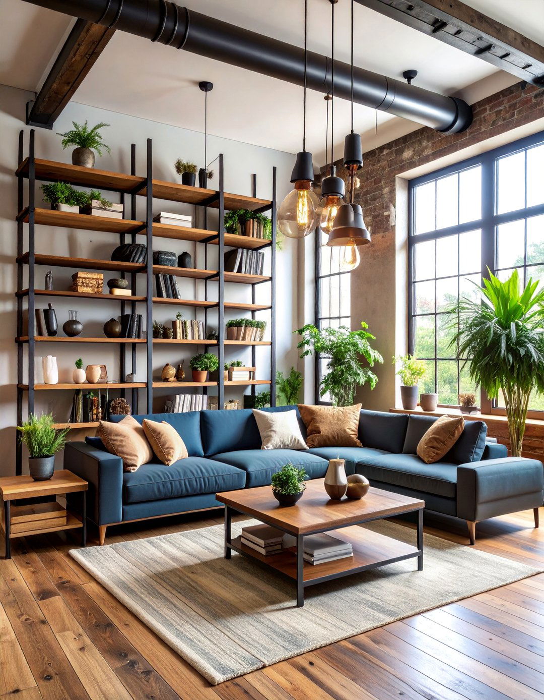Industrial Living Room Shelf Pipe and Wood Combination - 25 Living Room Shelf Ideas