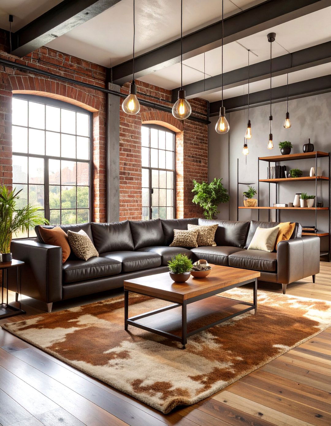 Industrial Living Room with Black Leather Sofa - 25 Black and Brown Interior Design Ideas