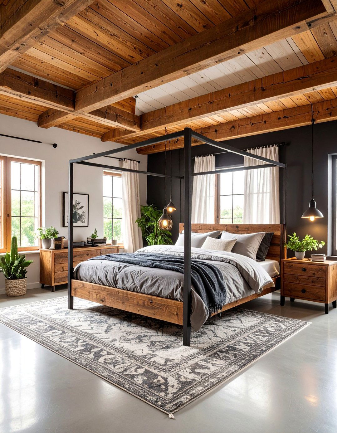 Industrial Loft Bedroom with Exposed Brown Wood Beams - 25 Black and Brown Bedroom Ideas
