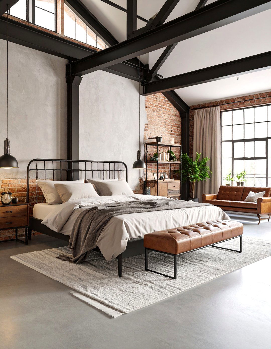 Industrial Loft Bedroom with Exposed Elements - 25 Black and Beige Bedroom Design Ideas